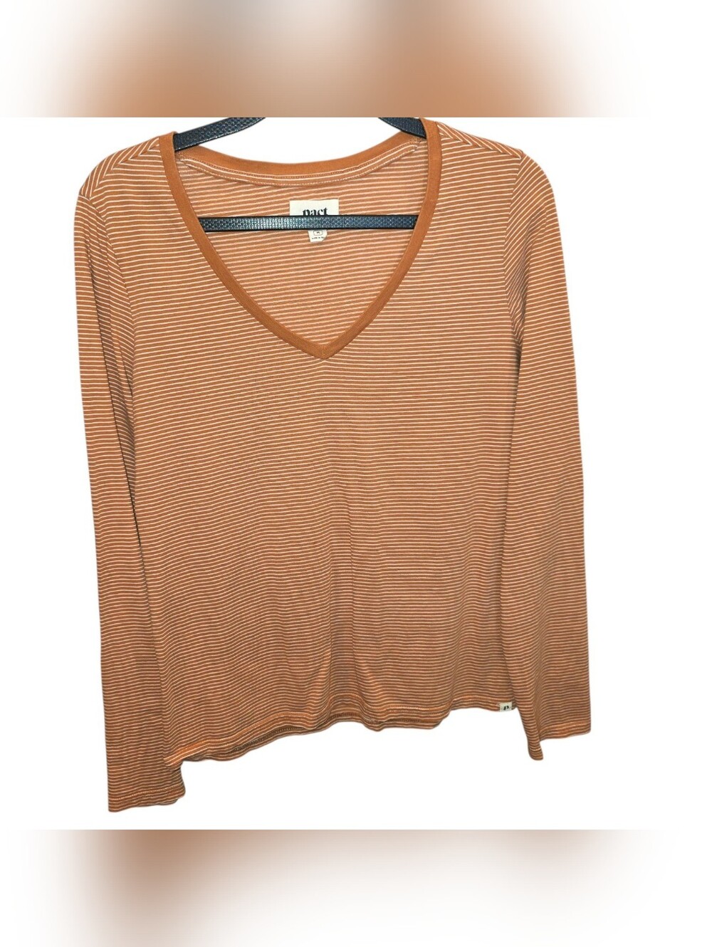 PACT Sz M Burnt Orange Striped L/S V Neck Casual Comfort Organic Logo Boho Shirt